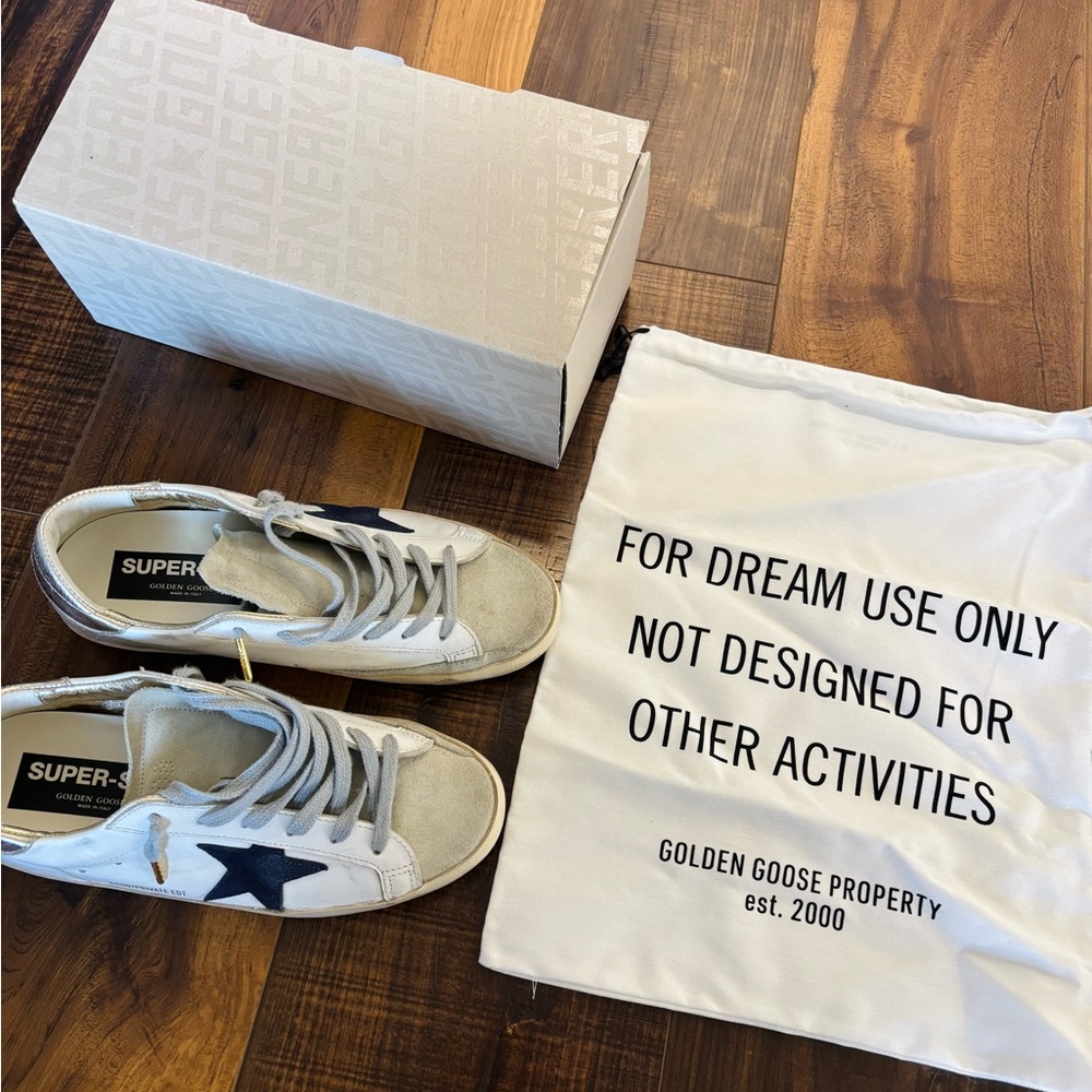 Golden Goose White and Navy Star Sneakers